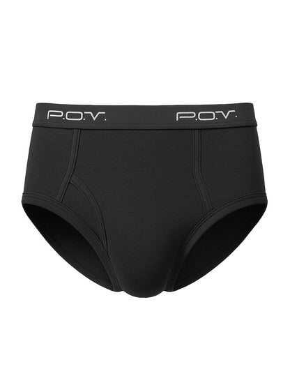 Black pov flyfront cotton brief shown from the back highlighting soft breathable fabric and comfortable fit