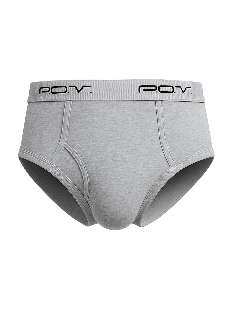 Gray men’s POV flyfront cotton brief with soft textured fabric and black branding on elastic waistband