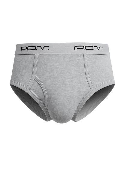 Gray men’s POV flyfront cotton brief with soft textured fabric and black branding on elastic waistband