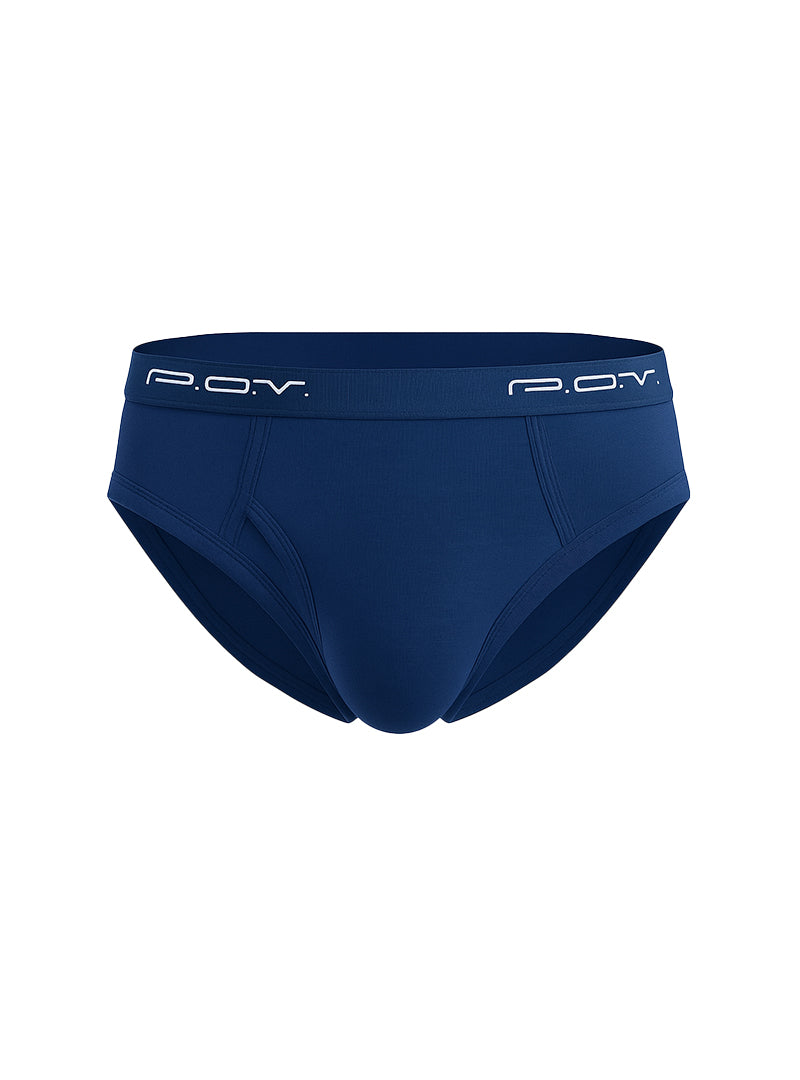 Navy blue p o v flyfront cotton brief showing front view with comfortable fit and soft breathable fabric