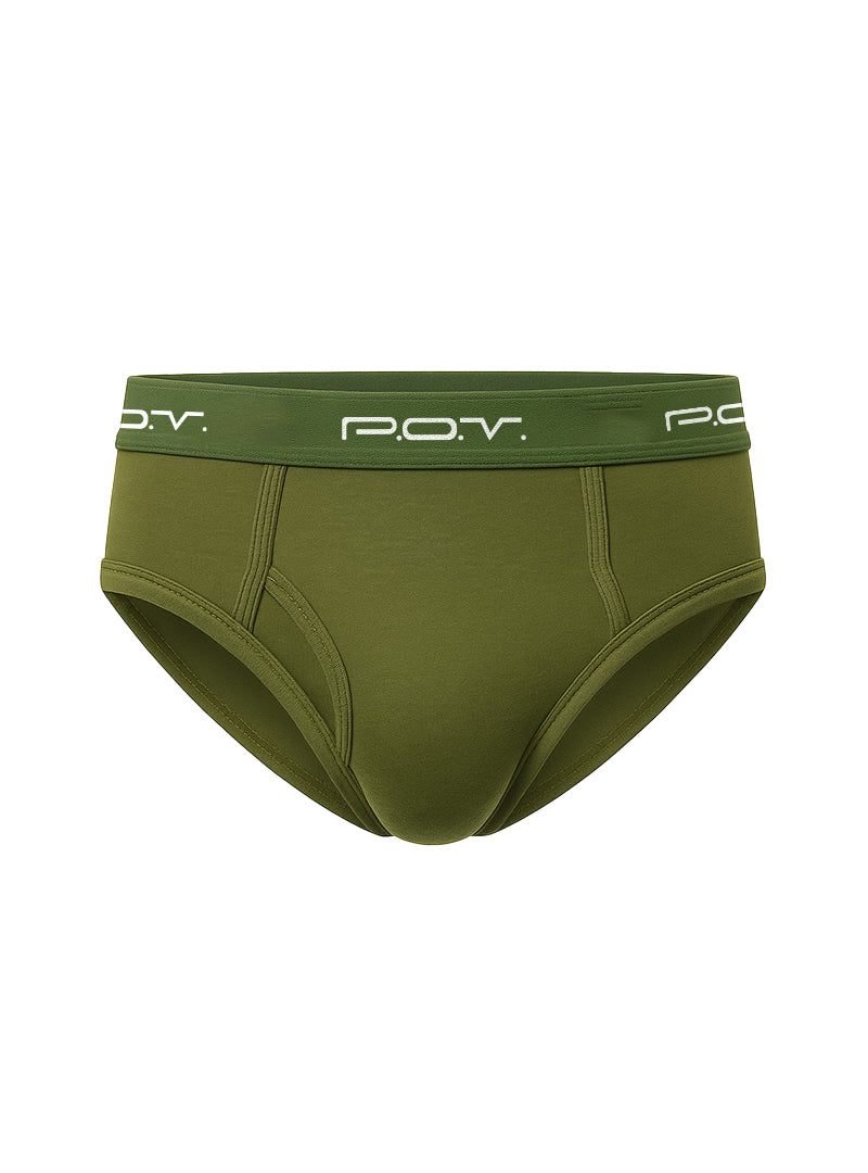 Olive green p.o.v. flyfront cotton brief showing front view with breathable soft fabric and comfortable fit