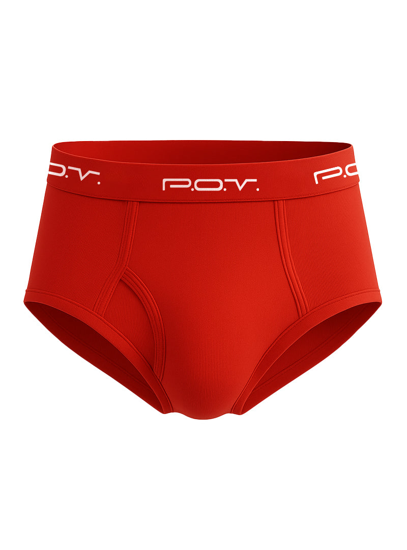 Red pov flyfront cotton brief showing the back side with soft cotton fabric and durable flyfront design