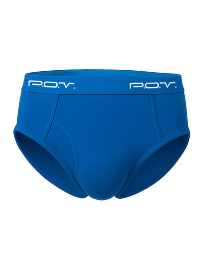 Bright blue p.o.v. flyfront cotton brief showing the front design with soft breathable fabric for everyday comfort