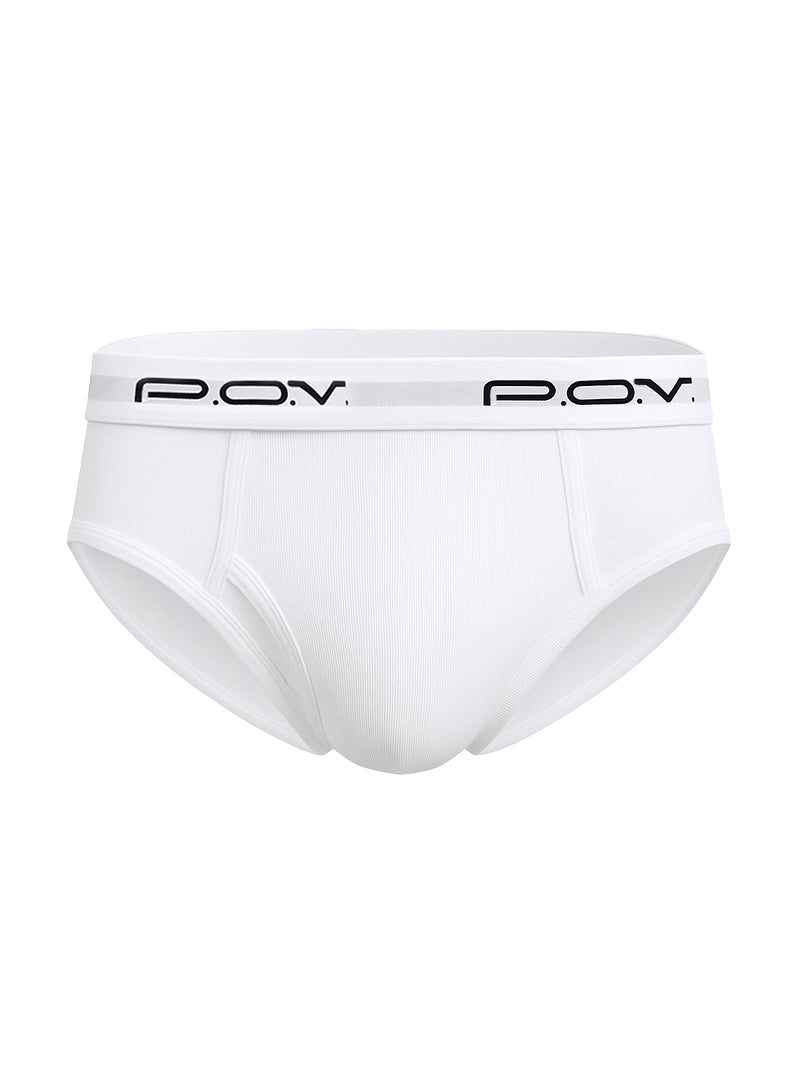 White men’s cotton briefs with ribbed texture and black pov branding on the waistband flyfront style