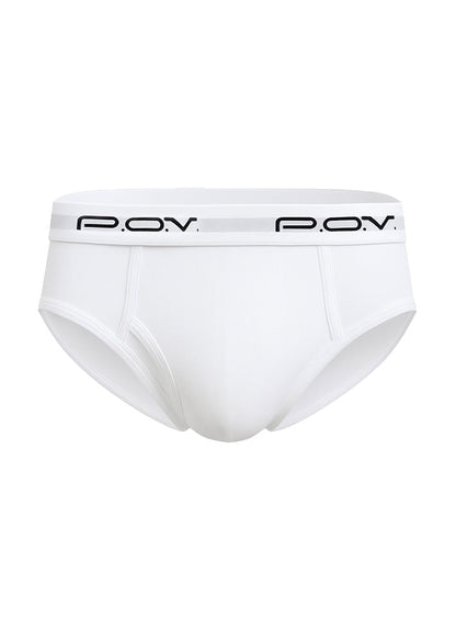 White men’s cotton briefs with ribbed texture and black pov branding on the waistband flyfront style