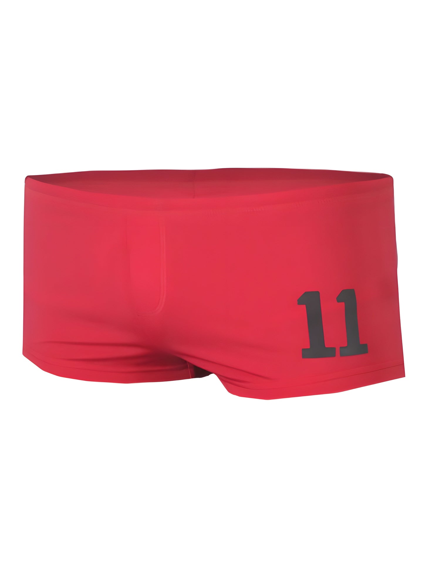 Red pride 11 brief swim trunks with black number 11 printed on the side for beach and pool use