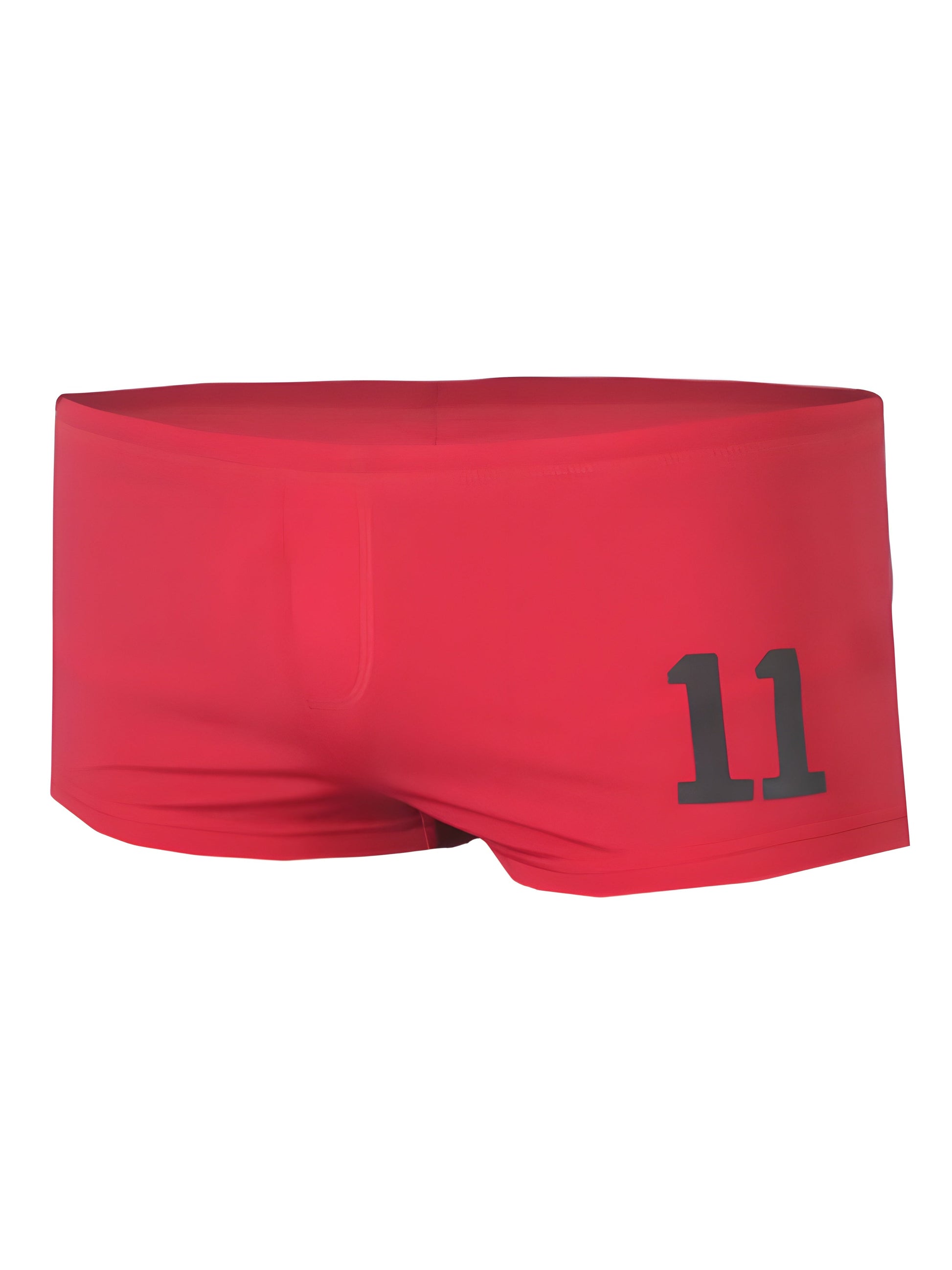 Red pride 11 brief swim trunks with black number 11 printed on the side for beach and pool use