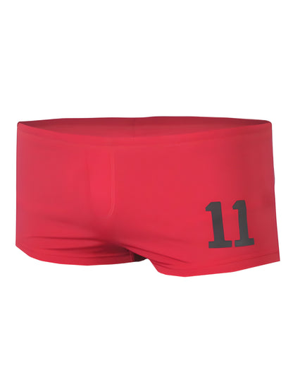 Red pride 11 brief swim trunks with black number 11 printed on the side for beach and pool use