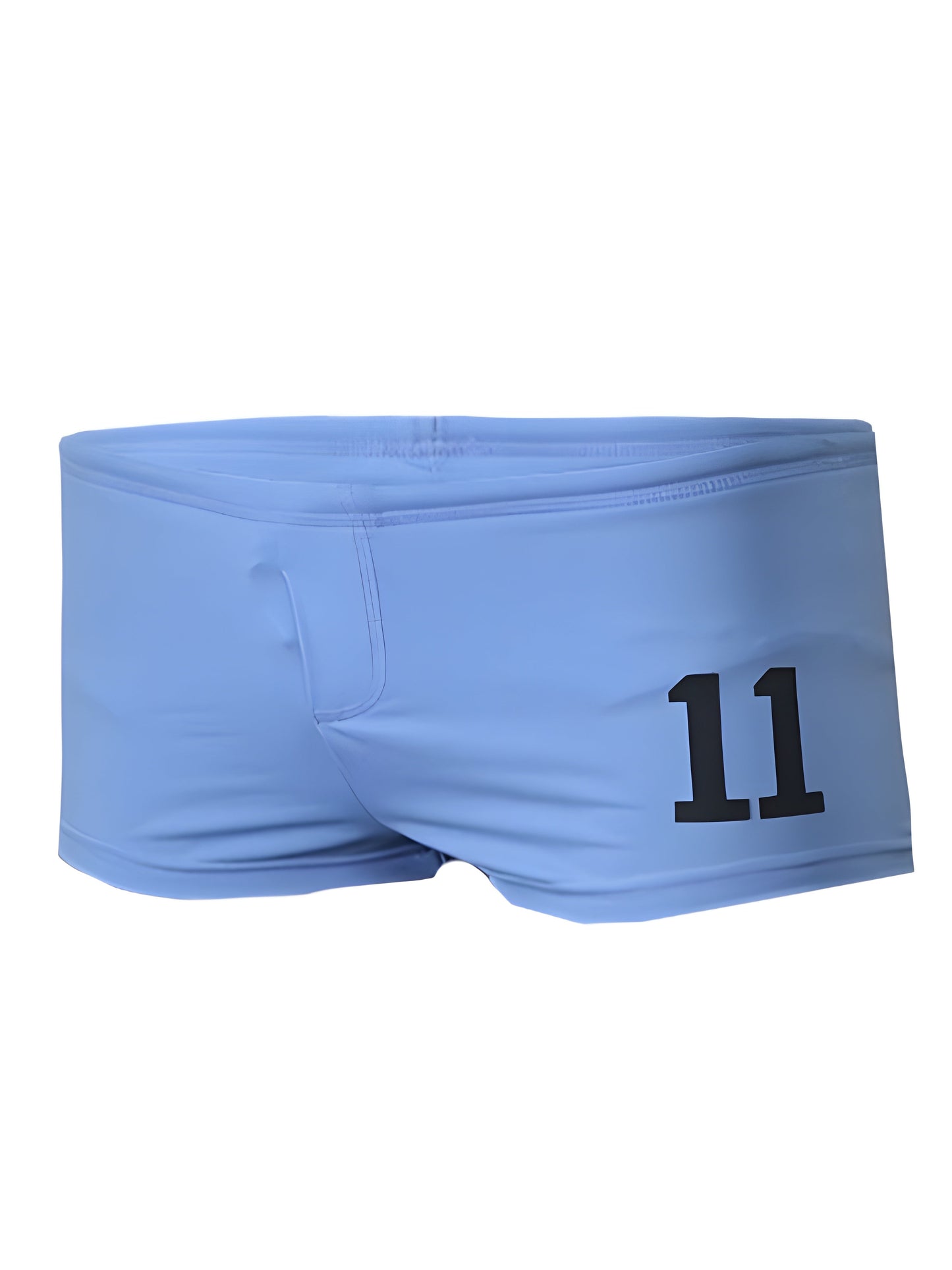 Light blue pride 11 brief swim trunks with bold black number 11 printed on the side for active swimwear use