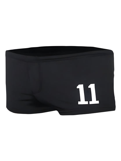 Black swim trunks pride 11 brief with bold white 11 printed on the side designed for swimming and beachwear