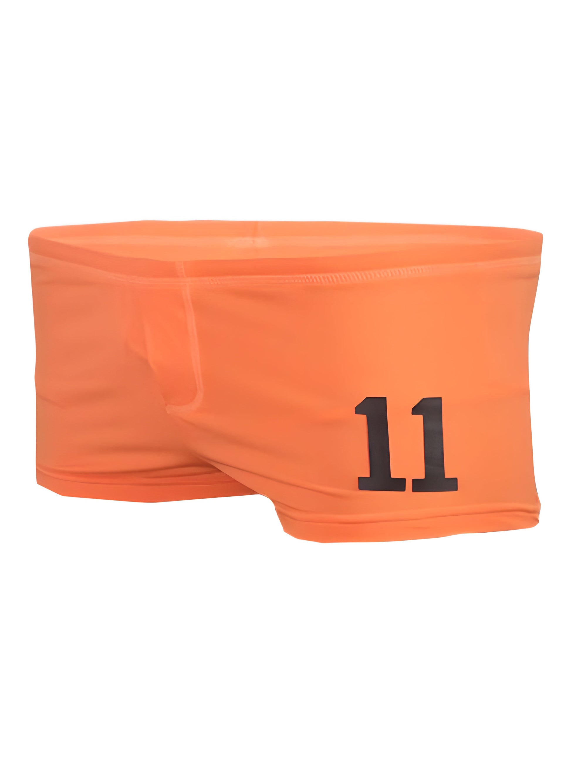 Bright orange pride 11 brief athletic briefs with bold black number 11 printed on the side for active wear