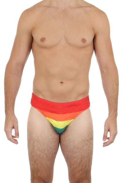 Pride bikini rainbow-striped men’s swim trunks in vibrant red orange yellow green and blue hues for swimming