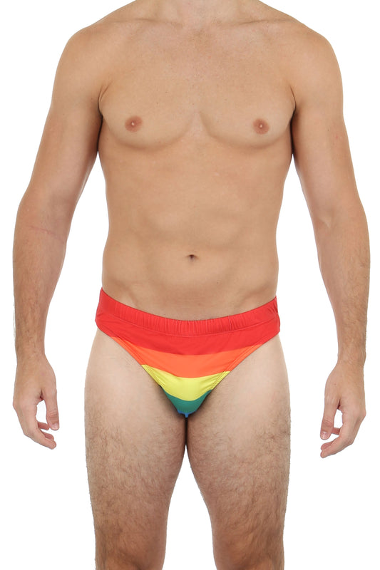 Pride bikini rainbow-striped men’s swim trunks in vibrant red orange yellow green and blue hues for swimming