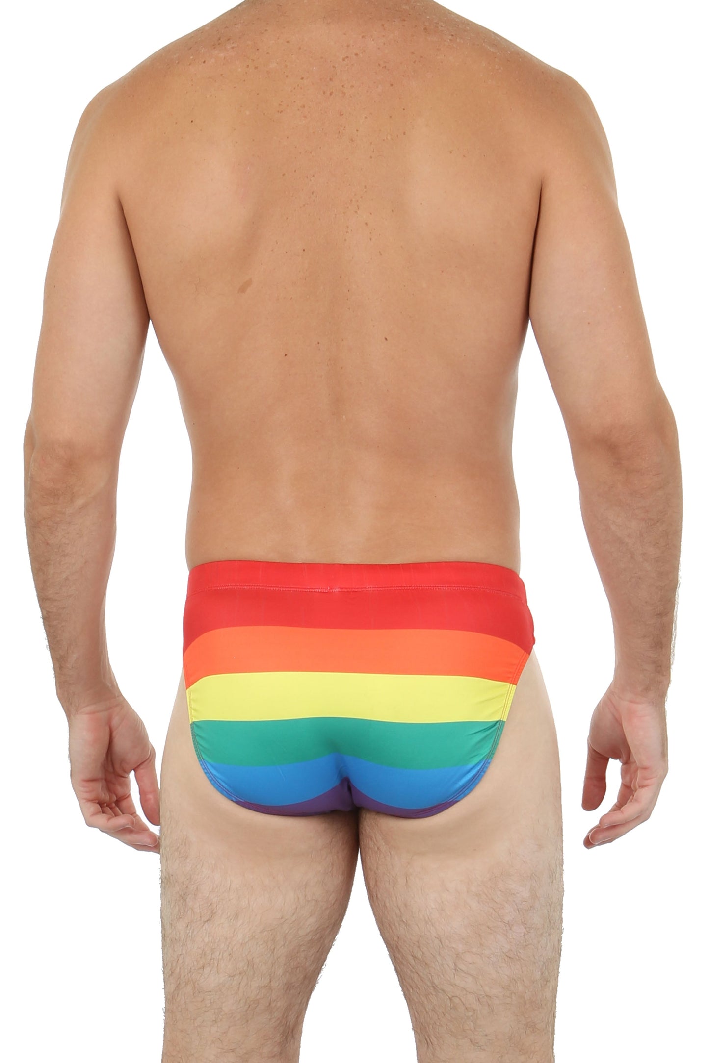 Pride bikini rainbow-striped men’s briefs with vibrant red orange yellow green blue and purple horizontal bands