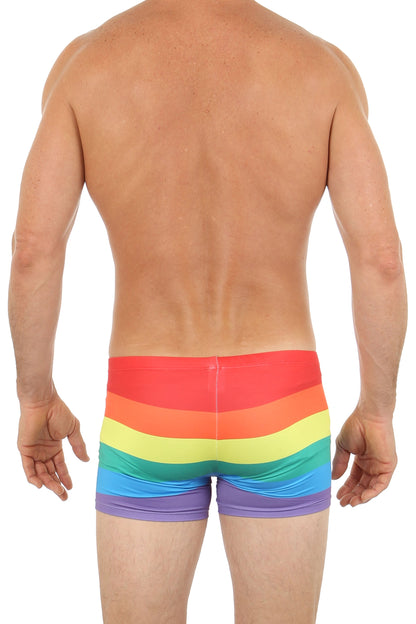 Pride hot short men’s swim trunks featuring vibrant rainbow-striped horizontal bands in red orange yellow green blue purple