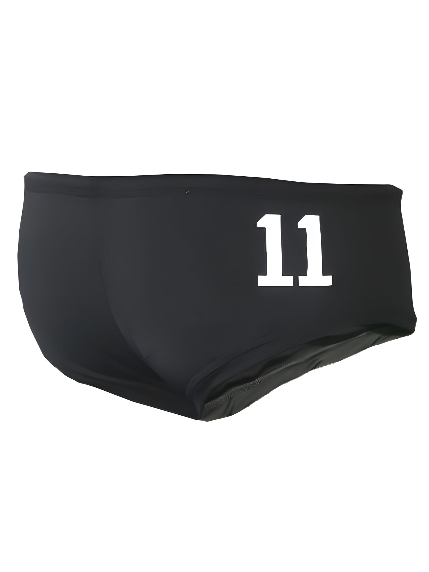 Black pride justin brief swim trunks with white number 11 printed on the front for athletic use