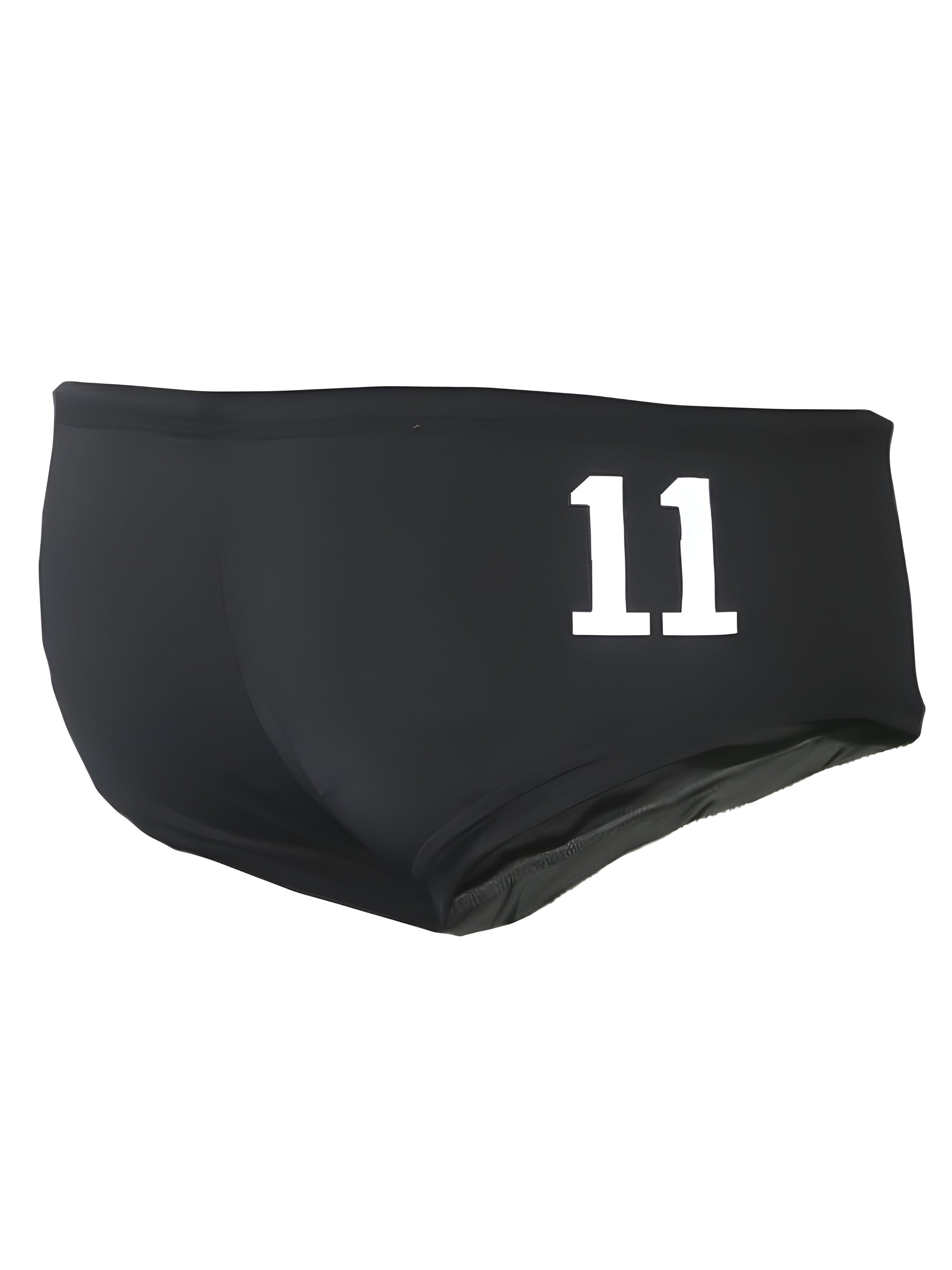 Black pride justin brief swim trunks with white number 11 printed on the front for athletic use