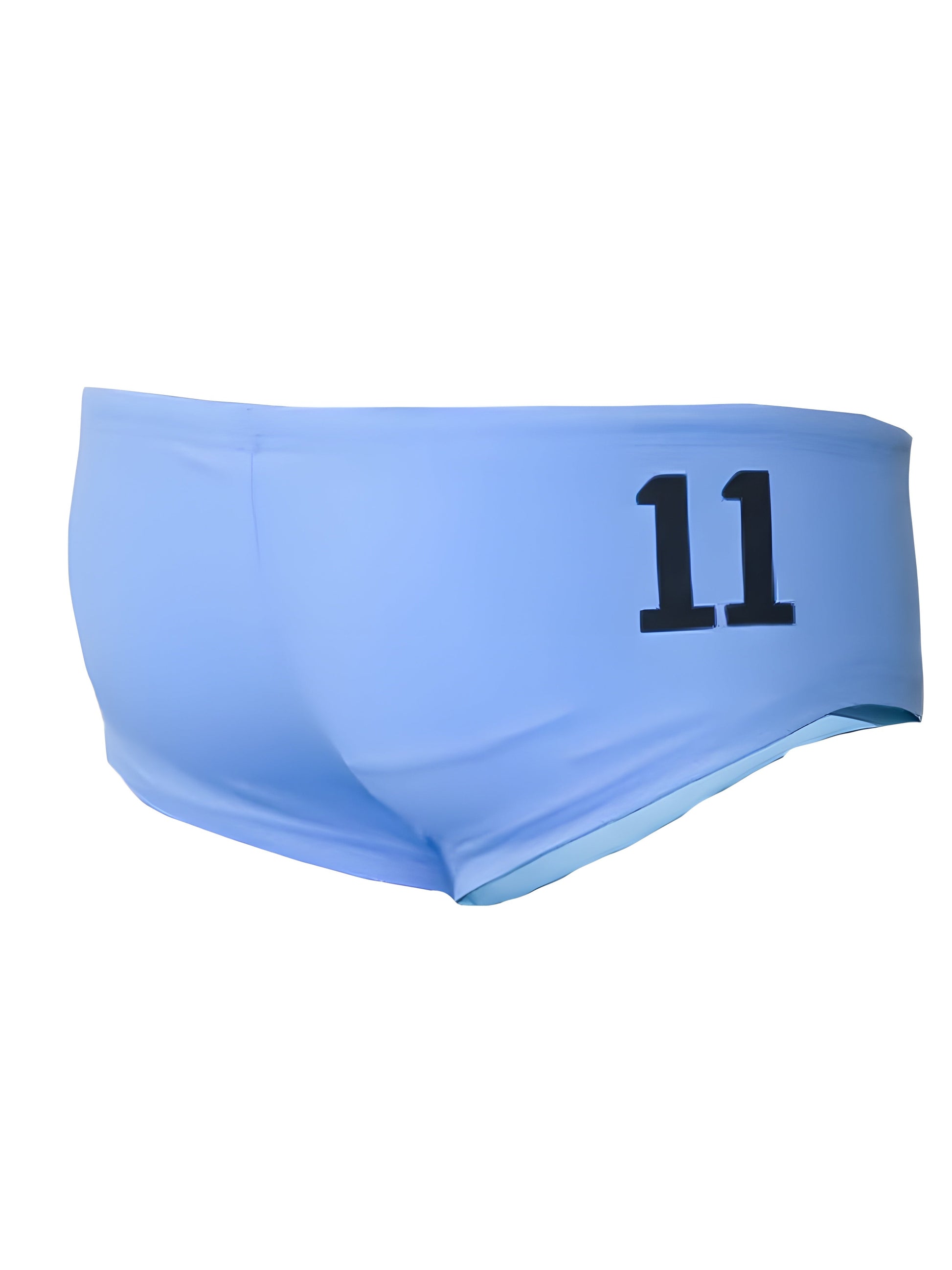 Light blue pride justin brief swim trunks with black number 11 printed on the side for casual beachwear