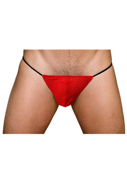 Pride mesh g-string red mesh thong with black elastic waistband showing the front side of the underwear