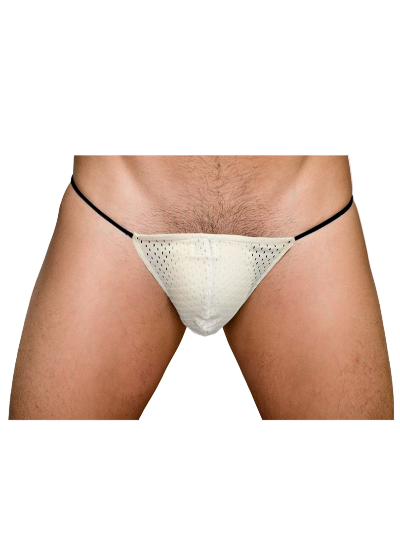 Cream-colored mesh pride mesh g-string thong with black elastic waistband showing front side details