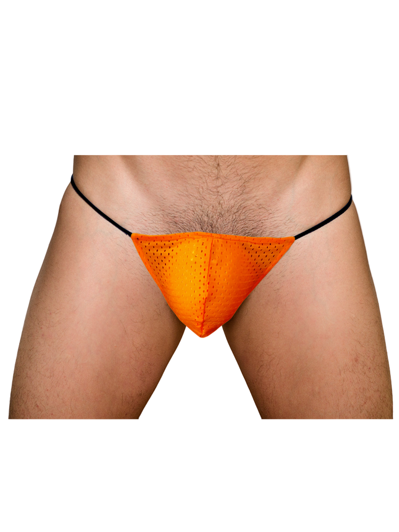 Bright orange pride mesh g-string thong with black elastic waistband made from breathable mesh material