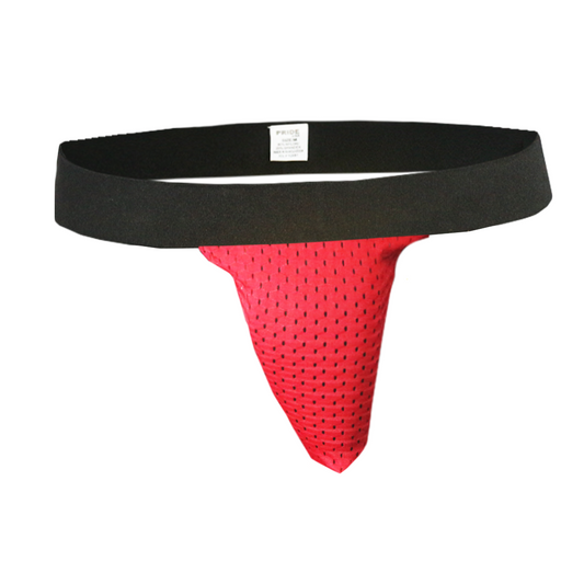 Red mesh athletic supporter with black elastic waistband designed for breathable comfort and support