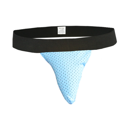Light blue mesh athletic brief with black elastic waistband for breathable support in pride mesh sock product line
