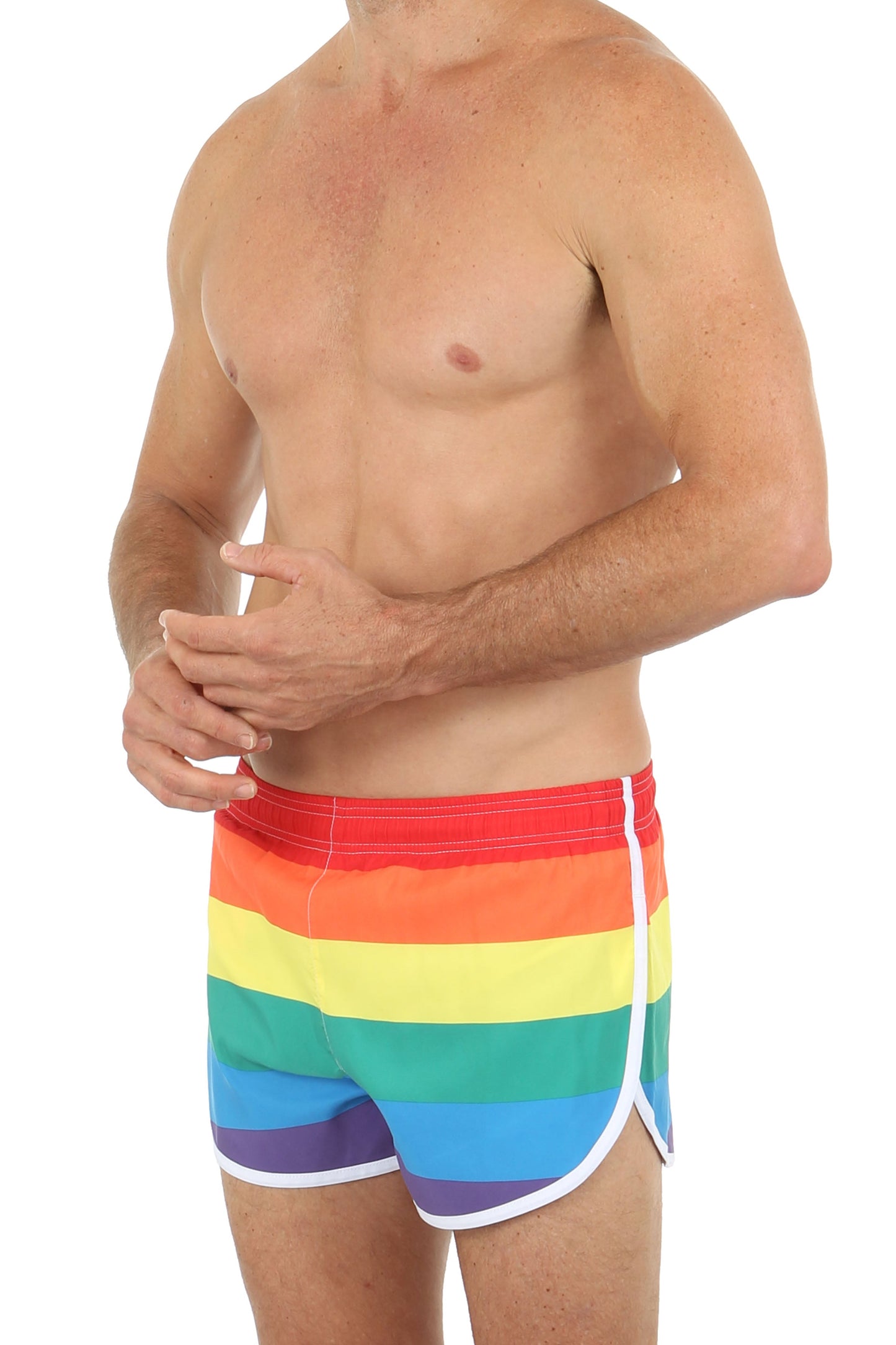 Pride swim short rainbow-striped swim trunks with white trim designed for vibrant beachwear and poolside use