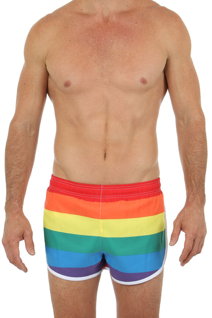 Pride swim short rainbow-striped swim trunks with vibrant horizontal bands of red orange yellow green blue and purple