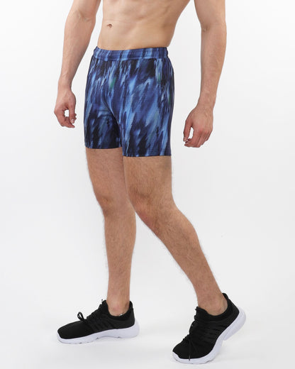 Printed mesh stretch performance shorts in blue and black with an abstract athletic pattern for active wear