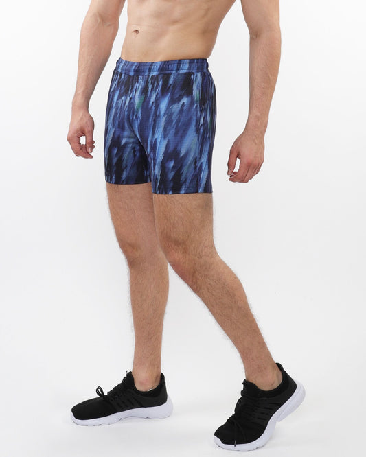 Printed mesh stretch performance shorts in blue and black with an abstract athletic pattern for active wear