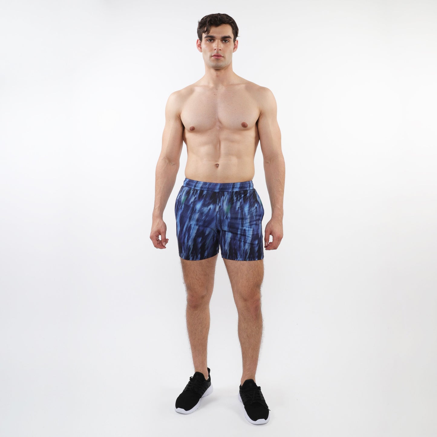 Printed mesh stretch performance shorts in blue tie-dye with an abstract pattern ideal for athletic use