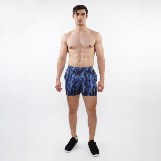 Printed mesh stretch performance shorts in blue tie-dye with an abstract pattern ideal for athletic use