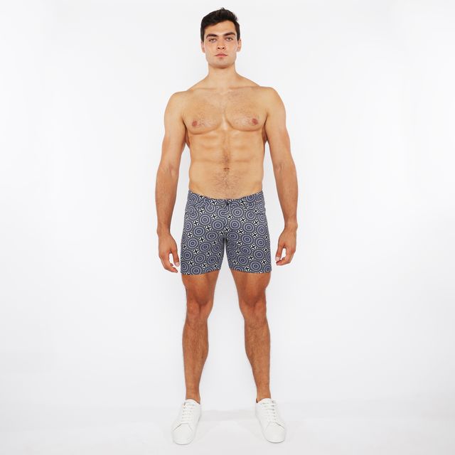 Men’s navy blue printed stretch knit boxer shorts with white circular geometric pattern for comfortable wear