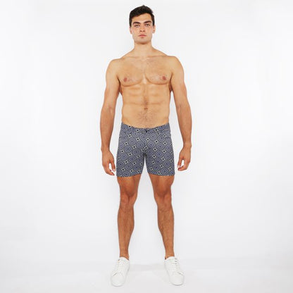 Men’s navy blue printed stretch knit boxer shorts with white circular geometric pattern for comfortable wear