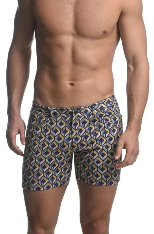 Men’s navy and gold geometric pattern printed stretch knit swim trunks for comfortable beachwear