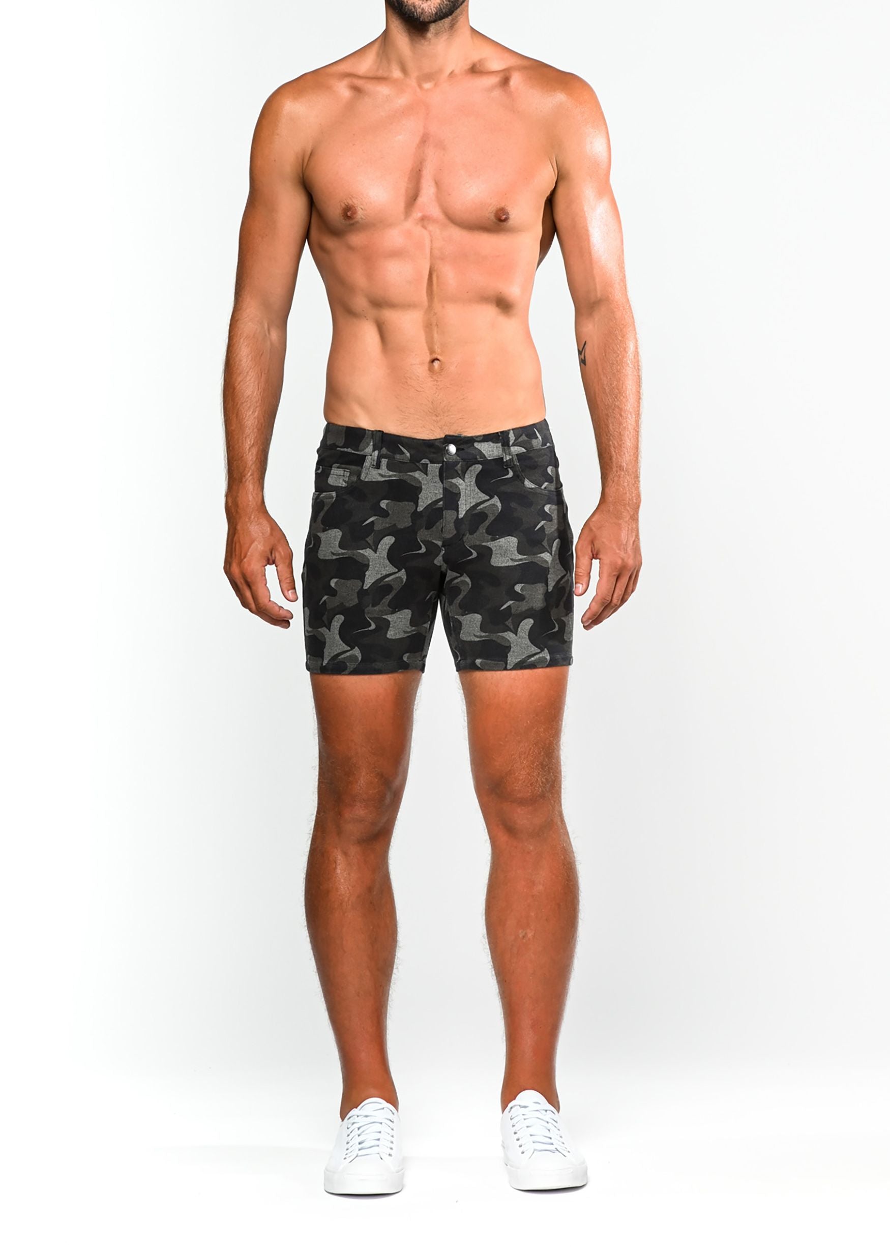 Black and gray camouflage printed stretch knit denim shorts with a comfortable stretch fabric for casual wear