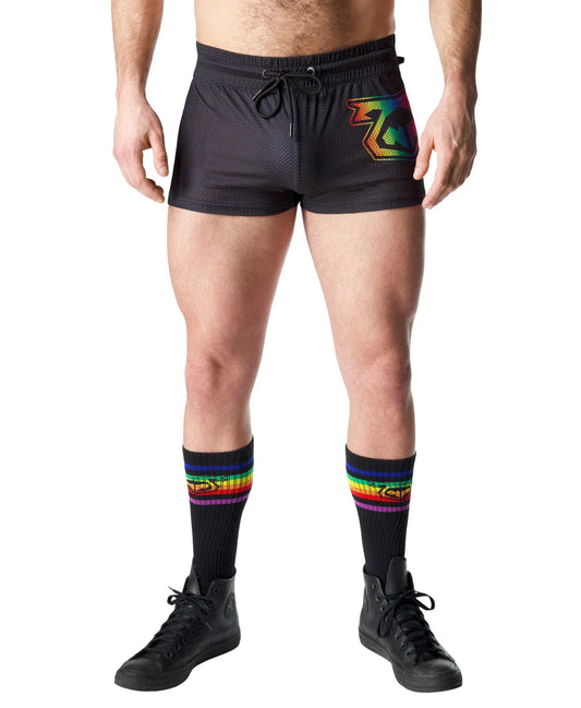 Black mesh prism pride trunk short with a rainbow-colored logo on the left leg for athletic use