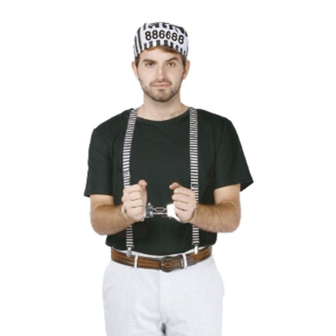Black and white striped prison-style cap with number 886688 printed in black for prisoner dress-up kit
