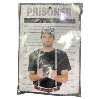 A prisoner dress-up kit with a printed mugshot costume featuring a man in black t-shirt striped prison hat and silver suspenders