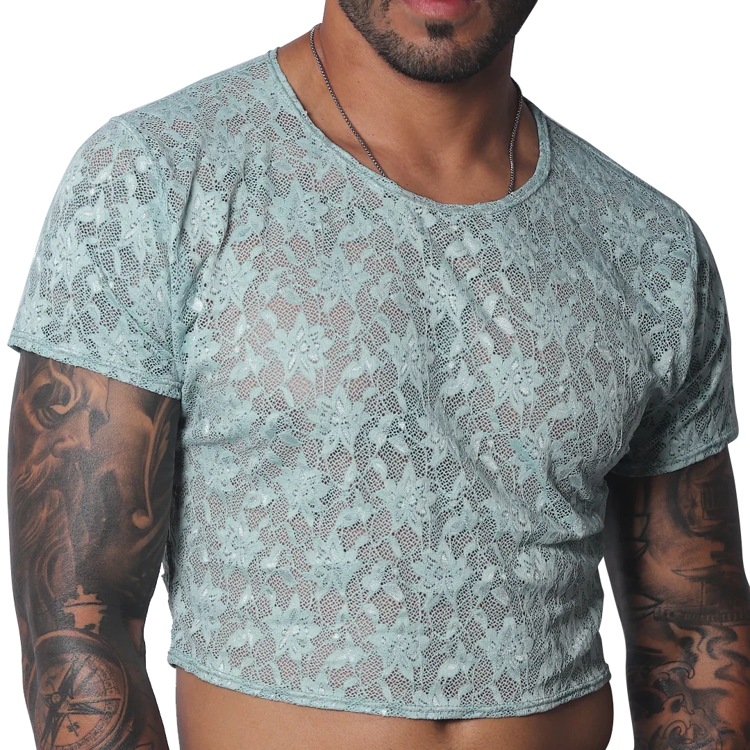 Aqua blue sheer lace crop top with a crew neck and short sleeves.