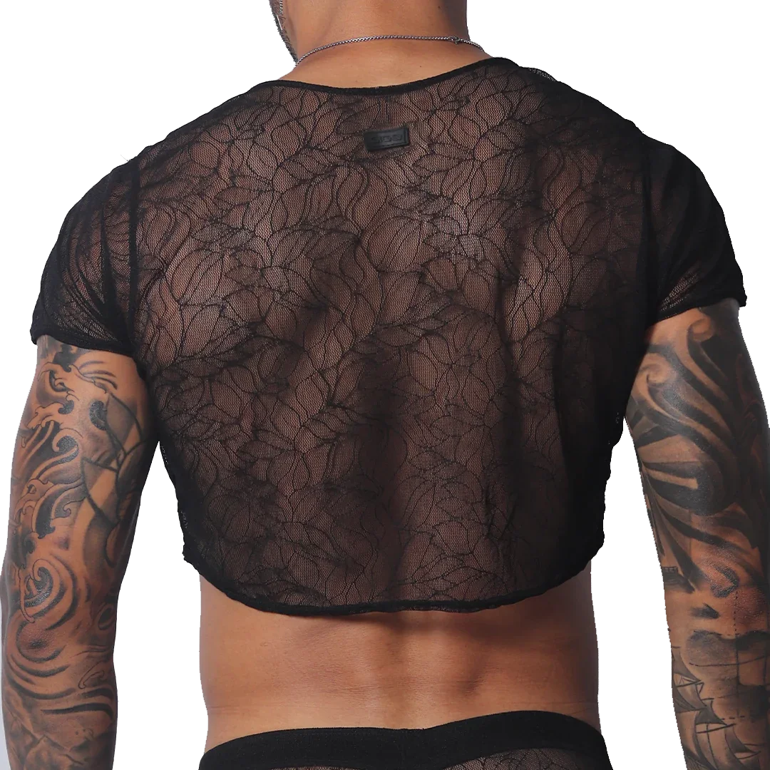 Black sheer lace crop top with short sleeves and a branded patch detail on the back.