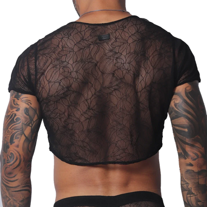 Black sheer lace crop top with short sleeves and a branded patch detail on the back.