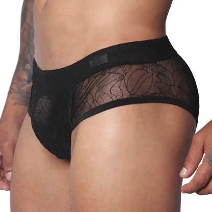 Black men's trunk with floral lace panels, solid waistband featuring a Gigo logo patch, and a contoured pouch design.