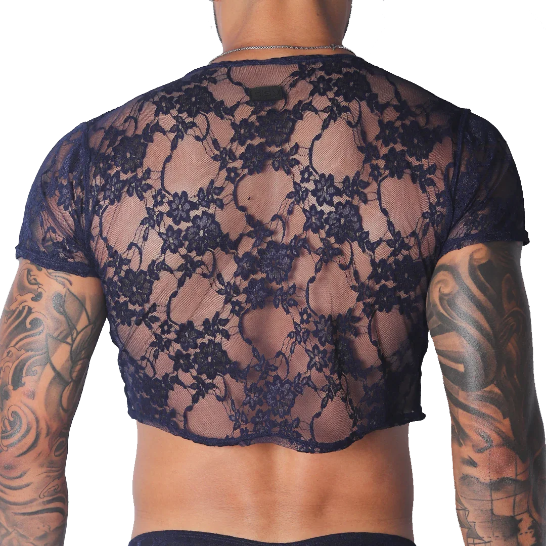 Sheer navy blue lace short-sleeve crop top featuring a floral pattern and a branded label at the neckline.