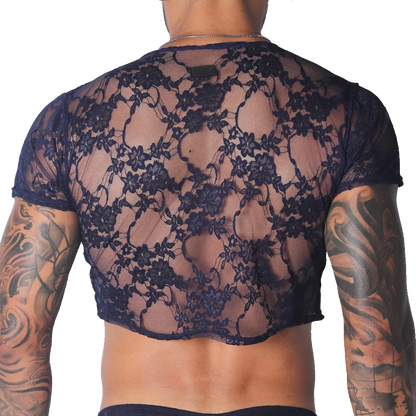 Sheer navy blue lace short-sleeve crop top featuring a floral pattern and a branded label at the neckline.