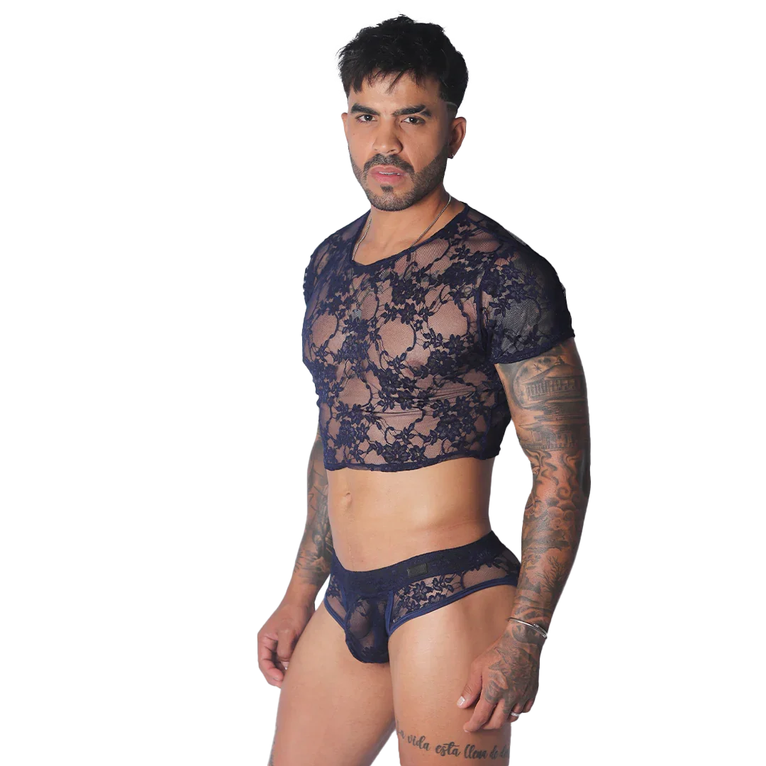 Navy blue sheer floral lace crop top with short sleeves and a rounded neckline.