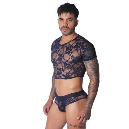 Navy blue sheer floral lace crop top with short sleeves and a rounded neckline.