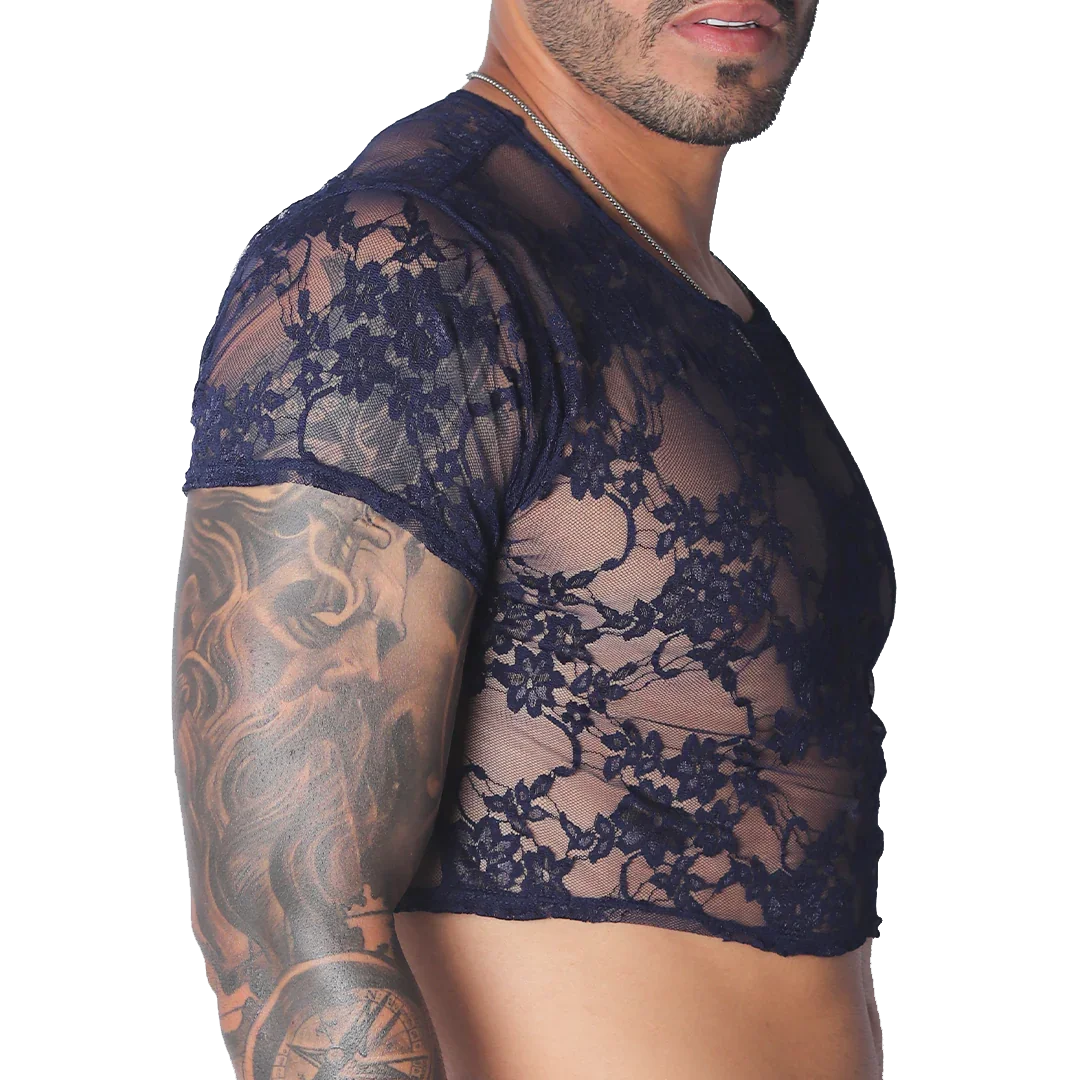 Navy blue floral lace short-sleeve crop top with a crew neck and semi-sheer finish.