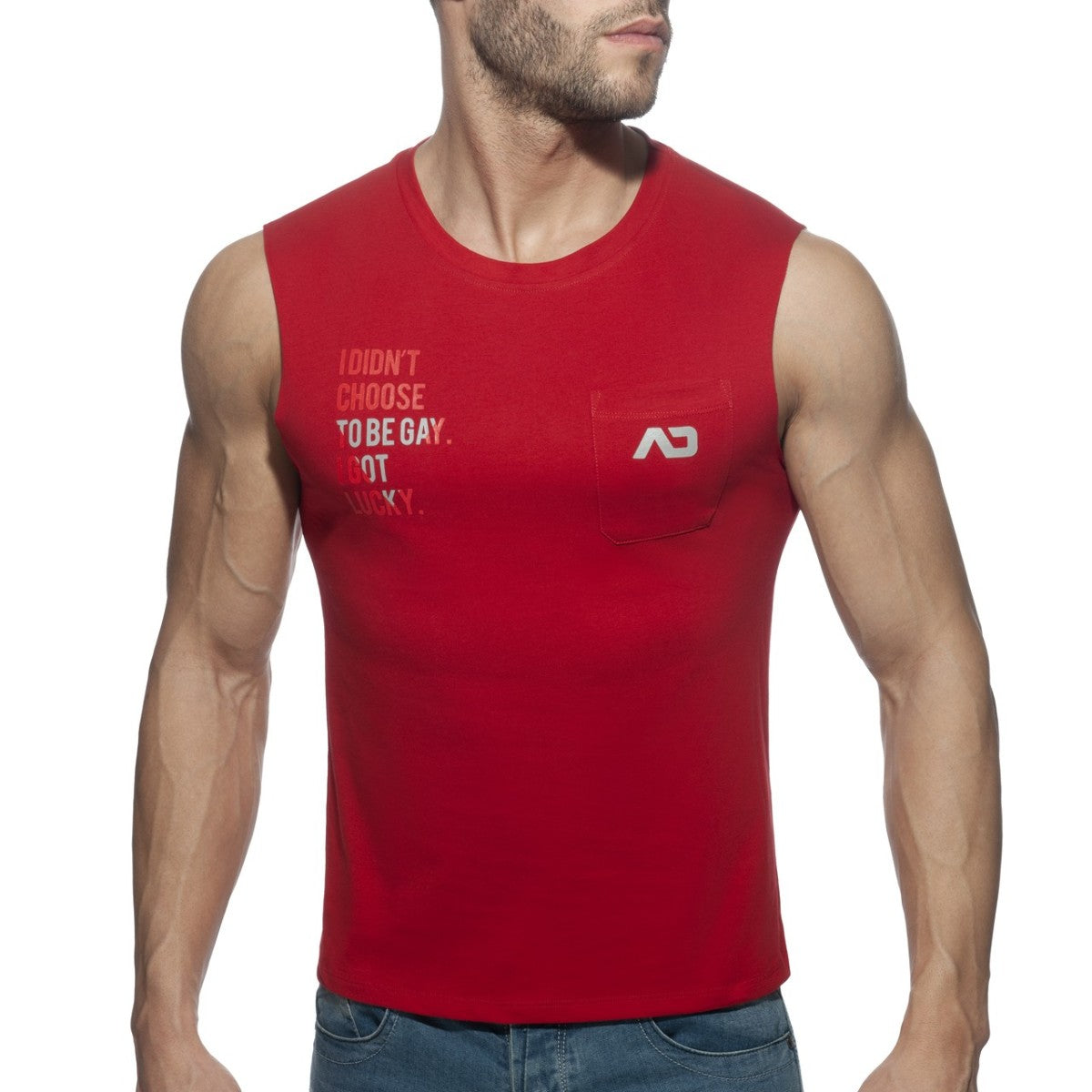 Red sleeveless tank top with a chest pocket and white proud 2 be gay text for lgbt pride wear